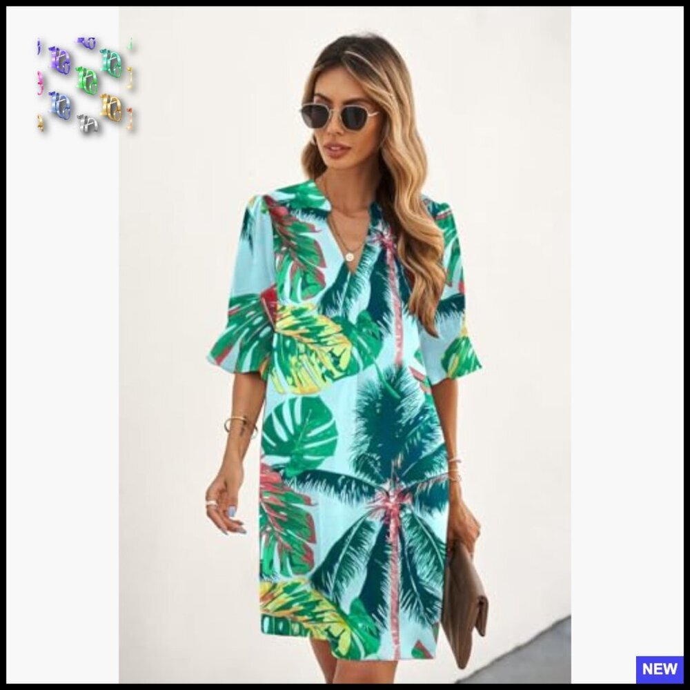 V-Neck Ruffle Shift Dress Casual Chic Summer Polyester Floral Print - Picture 2 of 7